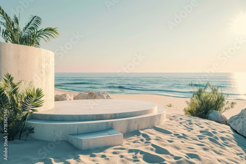 Summer beach setting with a podium on sand, ideal for showcasing products and exhibitions in a 3D render generative ai