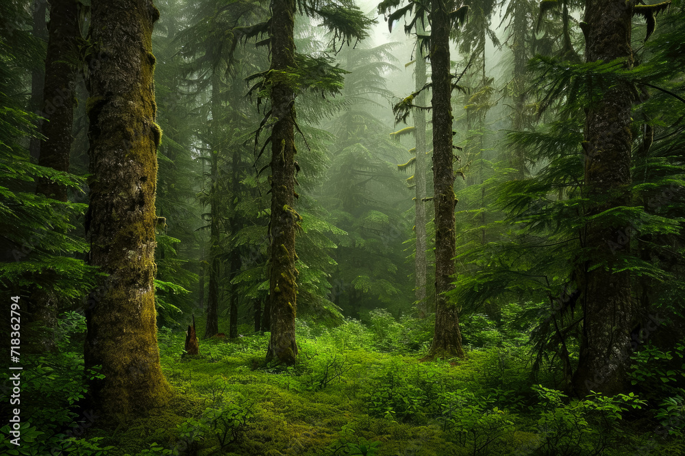 Obraz premium dense forest emerges from the mist, with towering trees adorned with intricate patterns of moss and lichen