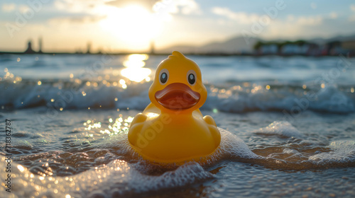 Rubber duck a lake - sunrise