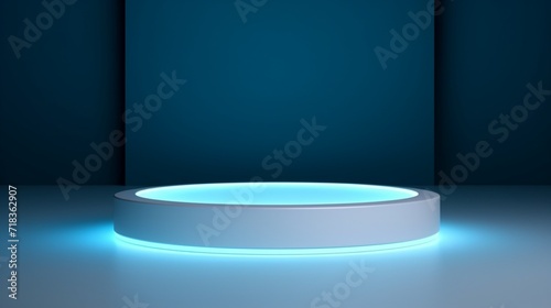 A trendy round podium with sleek backlighting, casting a subtle glow on the tranquil light blue wall, perfect for modern presentation settings, stage with spotlight