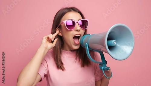 young woman wearing screaming in a loudspeaker, announcing discount and offer sales, pastel pink background created with generative ai 