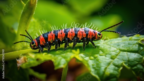  a close up of a red and black caterpillar on a green leaf with other caterpillars in the background. © Anna