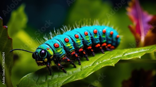  a close up of a green and red caterpillar sitting on top of a green leaf on a plant. © Anna