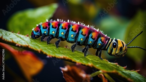  a close up of a colorful caterpillar on a leaf with other caterpillars in the background.