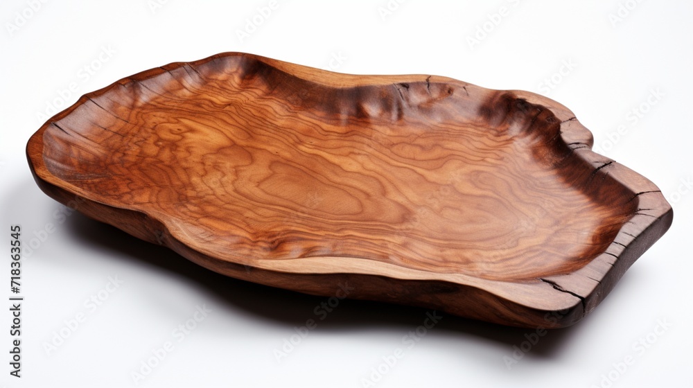 A unique wooden tray with a live edge, showing the natural shape of the tree, polished to perfection against a white background A unique wooden tray with a live edge, showing the natural shape of the tree, polished to perfection against a white background