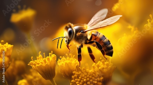  a close up of a bee on a flower with yellow flowers in the background and a blurry image of a bee in the foreground. © Anna
