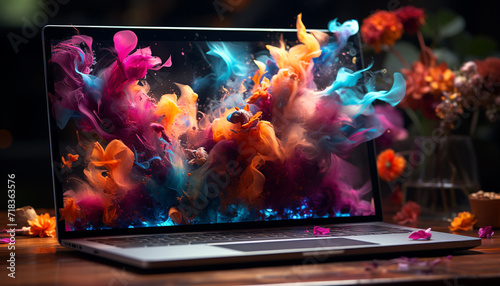 Abstract laptop on fire, vibrant colors exploding chaos generated by AI photo