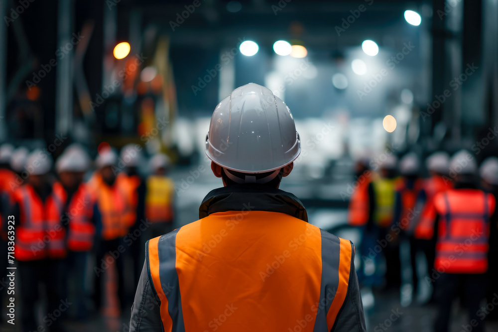 director of production standing in front of a group of workers with a hard hat and safety vest