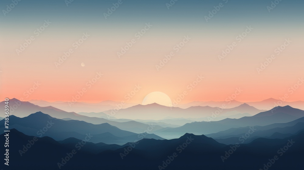  a sunset view of a mountain range with the sun rising over the horizon and a distant object in the distance.