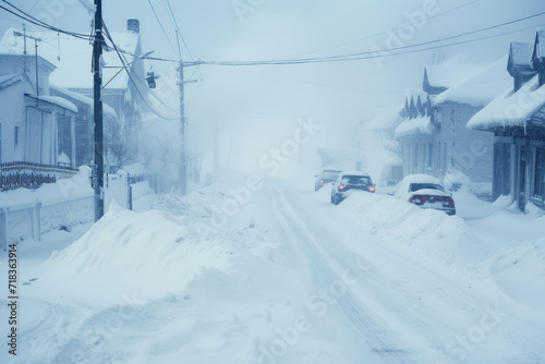 Overcast. Natural disasters winter, blizzard, heavy snow paralyzed city car roads, collapse. Snow covered cyclone