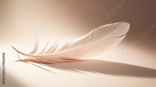  a white feather sitting on top of a table next to a shadow of a person's shadow on the wall. © Anna