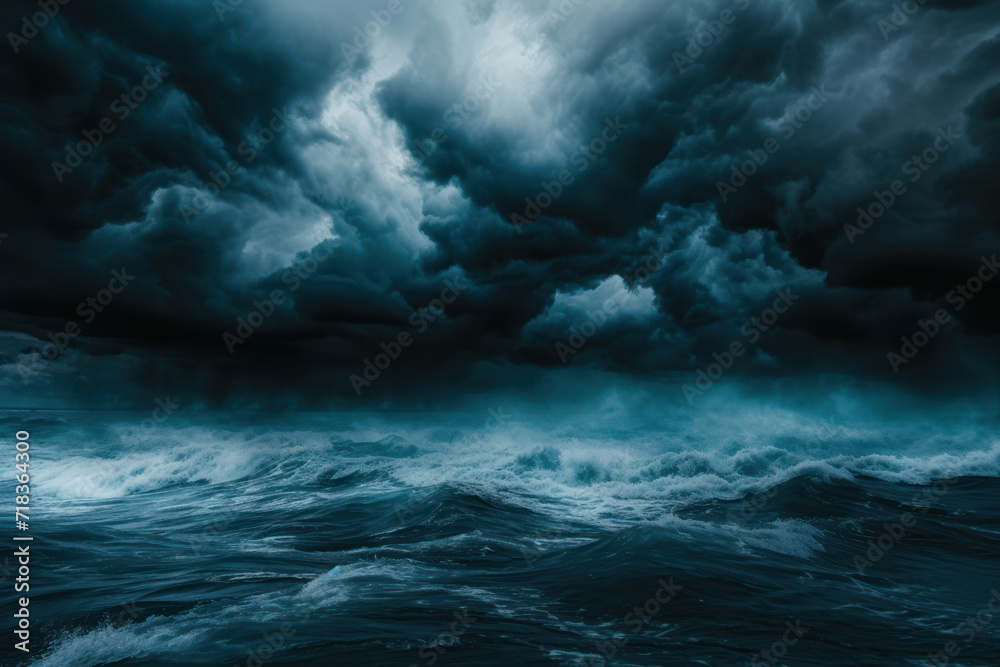 Storm clouds over the sea are black and blue. A hurricane is coming a downpour. Natural sinister background. Storm warning. Weather disasters. The sea is a gloomy landscape. Blue abstract background