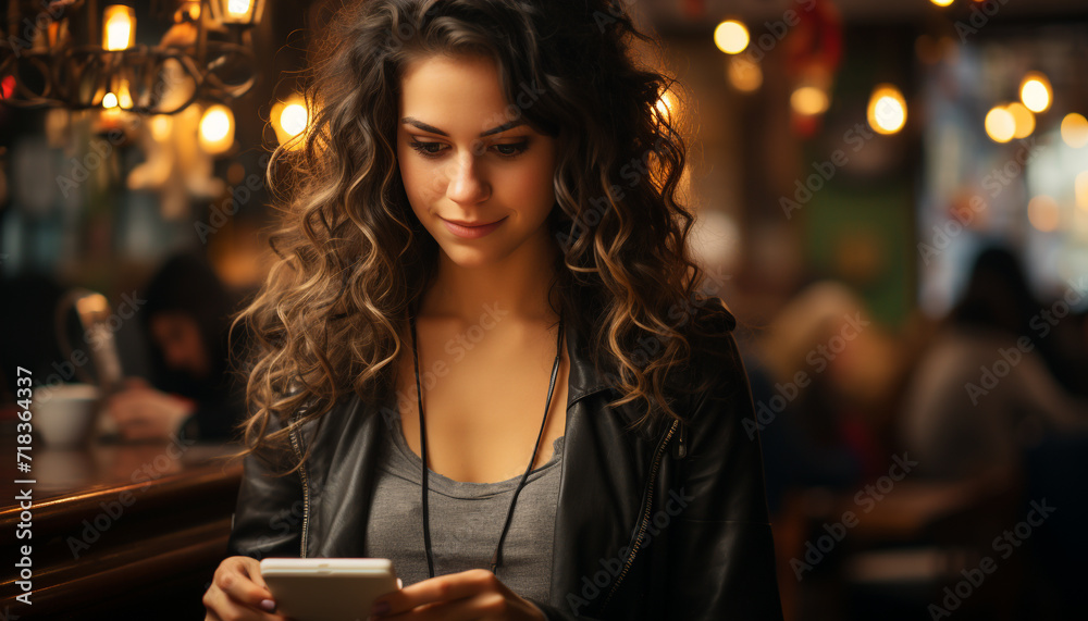 Smiling young woman enjoying coffee in a coffee shop generated by AI Smiling young woman enjoying coffee in a coffee shop generated by AI