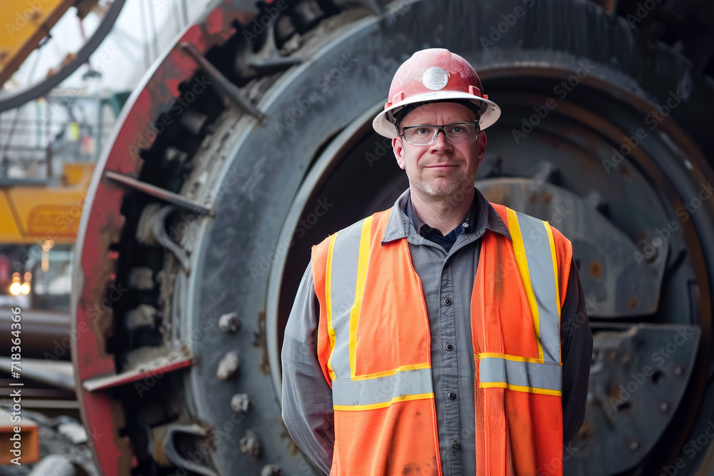 director of production standing in front of a large machine with a hard hat and safety vest director of production standing in front of a large machine with a hard hat and safety vest