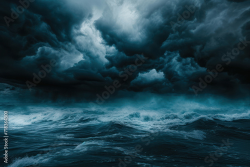 Storm clouds over the sea are black and blue. A hurricane is coming a downpour. Natural sinister background. Storm warning. Weather disasters. The sea is a gloomy landscape. Blue abstract background