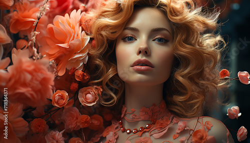 Beautiful woman with curly blond hair and fresh flower generated by AI