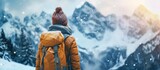 Back view woman traveler on the background Winter mountains landscape. AI generated image