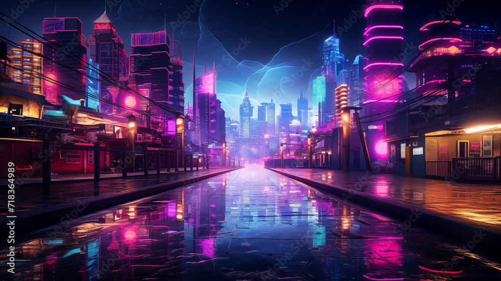 Futuristic Neon Cityscape with Light Reflections