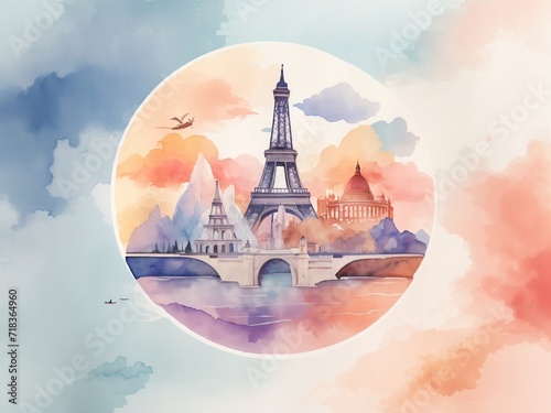 Captivate Wanderers with Ethereal Beauty: Watercolor Travel Logo, a Visual Symphony of Landmarks and Dreams, Perfect for Adventure-Driven Brands Seeking a Distinctive Identity.