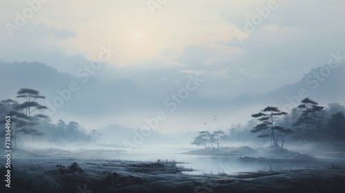  a painting of a foggy landscape with trees in the foreground and a body of water in the foreground.