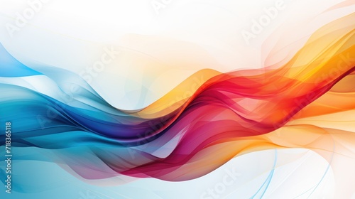  a multicolored wave of smoke on a white and blue background with a light reflection on the left side of the image.