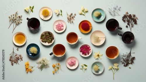  a table topped with different types of cups and saucers filled with different types of flowers and herbs next to each other.
