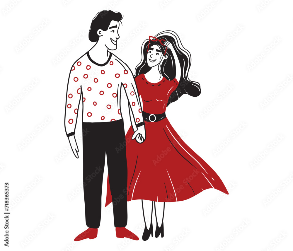Beautiful couple looking at each other in red and black isolated on white. Girl with sunglasses in red dress on hills is standing and looking at the boyfriend and holding his hand. Love, relations. Beautiful couple looking at each other in red and black isolated on white. Girl with sunglasses in red dress on hills is standing and looking at the boyfriend and holding his hand. Love, relations.