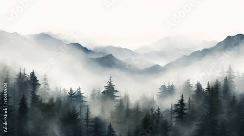  a black and white photo of a foggy mountain scene with trees in the foreground and a foggy sky in the background. © Anna