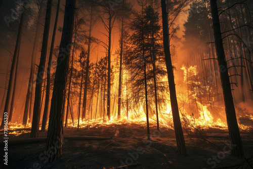 The flames of a forest fire spreading through the trees. Climate change and an increase in the number of weather disasters in the world