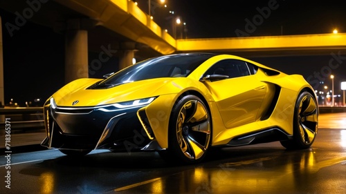 Reb7 car, metallic yellow, futuristic, high technology, innovation, aerodynamics, great performance. Side view.