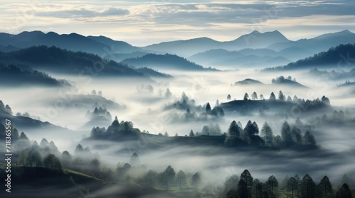  a view of a foggy valley with trees in the foreground and mountains in the distance with a few clouds in the sky.