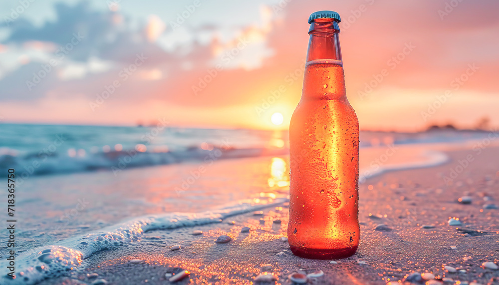Bottle of beer on the beach at sunset, drinks concept, generative ai Bottle of beer on the beach at sunset, drinks concept, generative ai