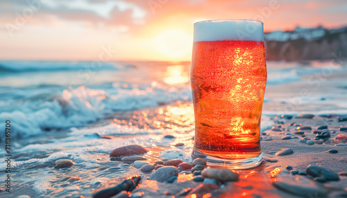 Glass of beer on the beach at sunset, drinks concept, generative ai