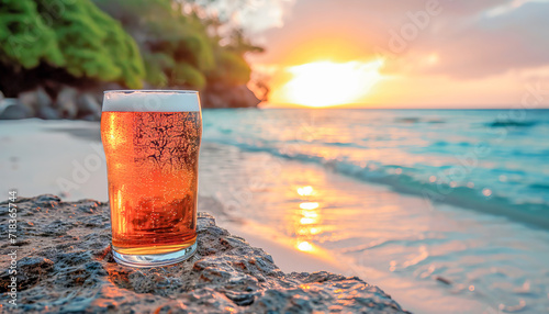 Glass of beer on the beach at sunset, drinks concept, generative ai