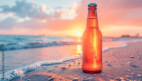Bottle of beer on the beach at sunset, drinks concept, generative ai
