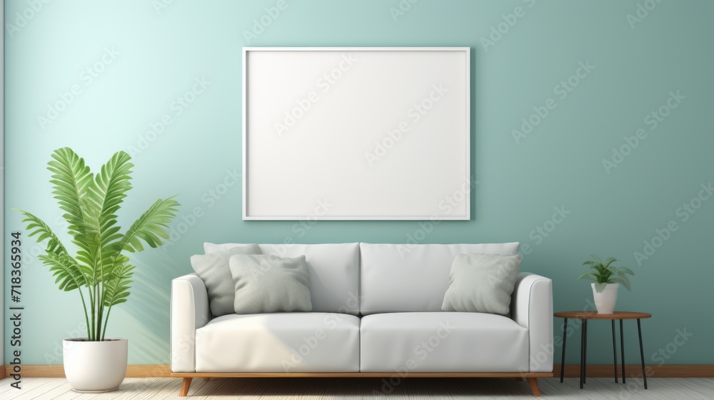Naklejka premium Blank photo frame mockup displayed on a blue wall in a modern living room