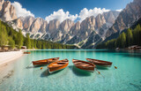 lake in the mountains, boats on lake, canoe