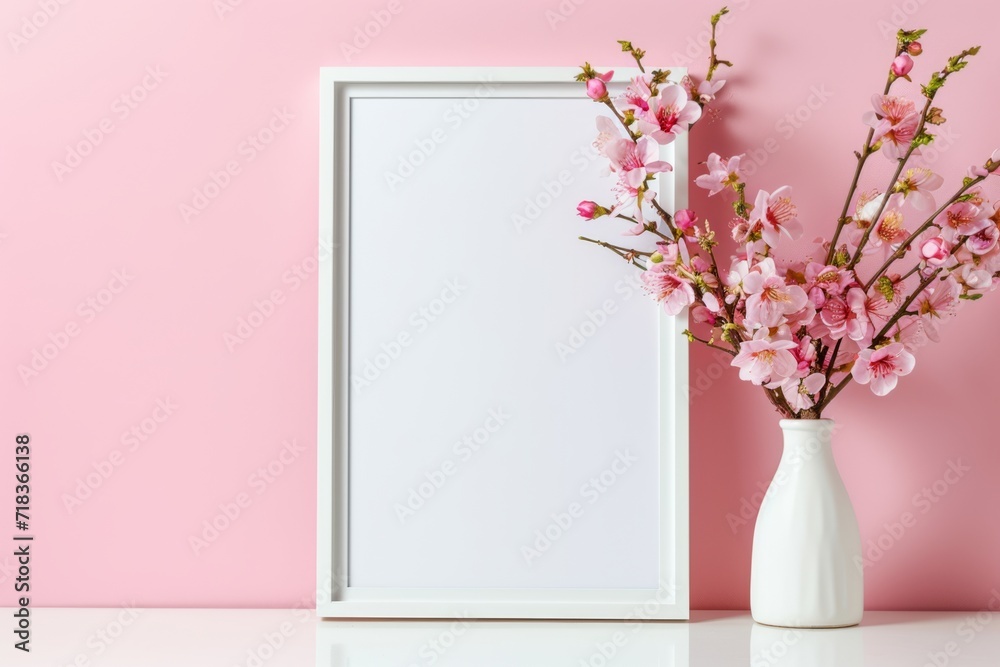 Blank photo frame mockup on on a light pink wall. Soft natural lighting, minimalist decor, spring flowers Blank photo frame mockup on on a light pink wall. Soft natural lighting, minimalist decor, spring flowers