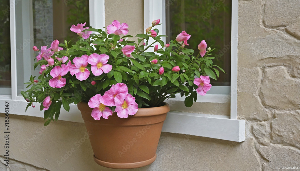 Enhancing the charm of the historic building with a lovely flower pot at the window Enhancing the charm of the historic building with a lovely flower pot at the window