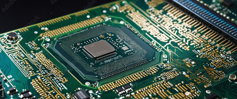 Close-up view of a high-tech microchip on a computer board with technical details for wide banner design