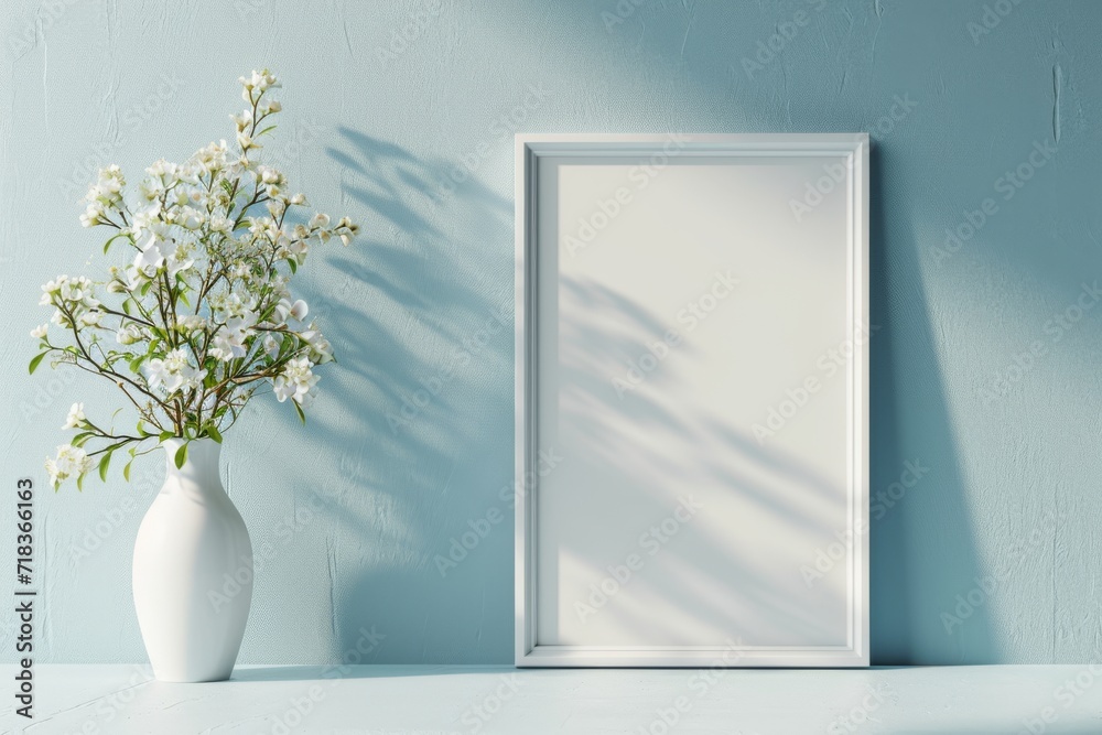 Blank photo frame mockup on a light blue wall background. Soft natural lighting, minimalist decor, white flowers in vase Blank photo frame mockup on a light blue wall background. Soft natural lighting, minimalist decor, white flowers in vase