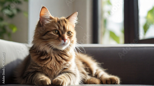 Beautiful domestic cat sitting on sofa in living room 