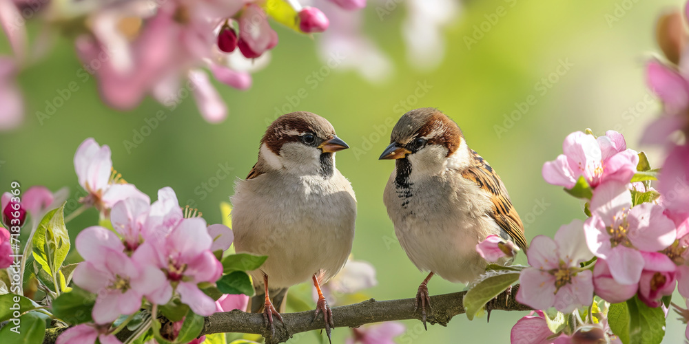 small funny Sparrow Chicks sit in the garden surrounded by pink Apple blossoms on a Sunny may day small funny Sparrow Chicks sit in the garden surrounded by pink Apple blossoms on a Sunny may day