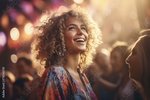 Attractive young woman at a music festival looks up and smiles at the crowd.