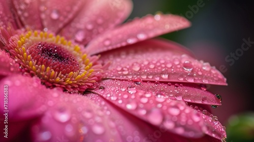 gerber daisy macro with droplets, dark background, copy space.