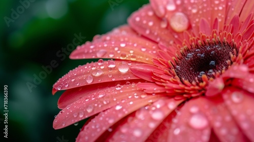 gerber daisy macro with droplets, dark background, copy space.