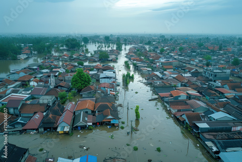 Aerial POV view Depiction of flooding. devastation wrought after massive natural disasters at Bekasi - Indonesia