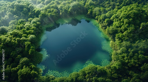 Refreshing green leaves of waterside in the mountain lake, reflection silhouette of trees in the water