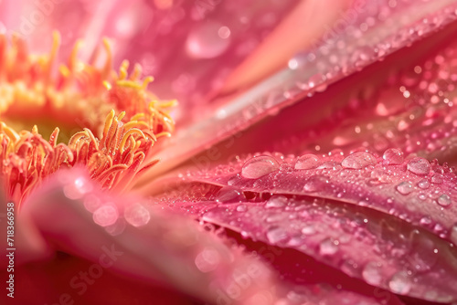 Macro of pink gerbera flower with dew drops.