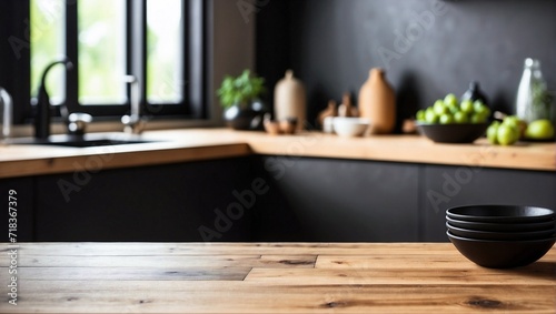 Empty Wooden Table Background Blurred Kitchen  Wooden Table 